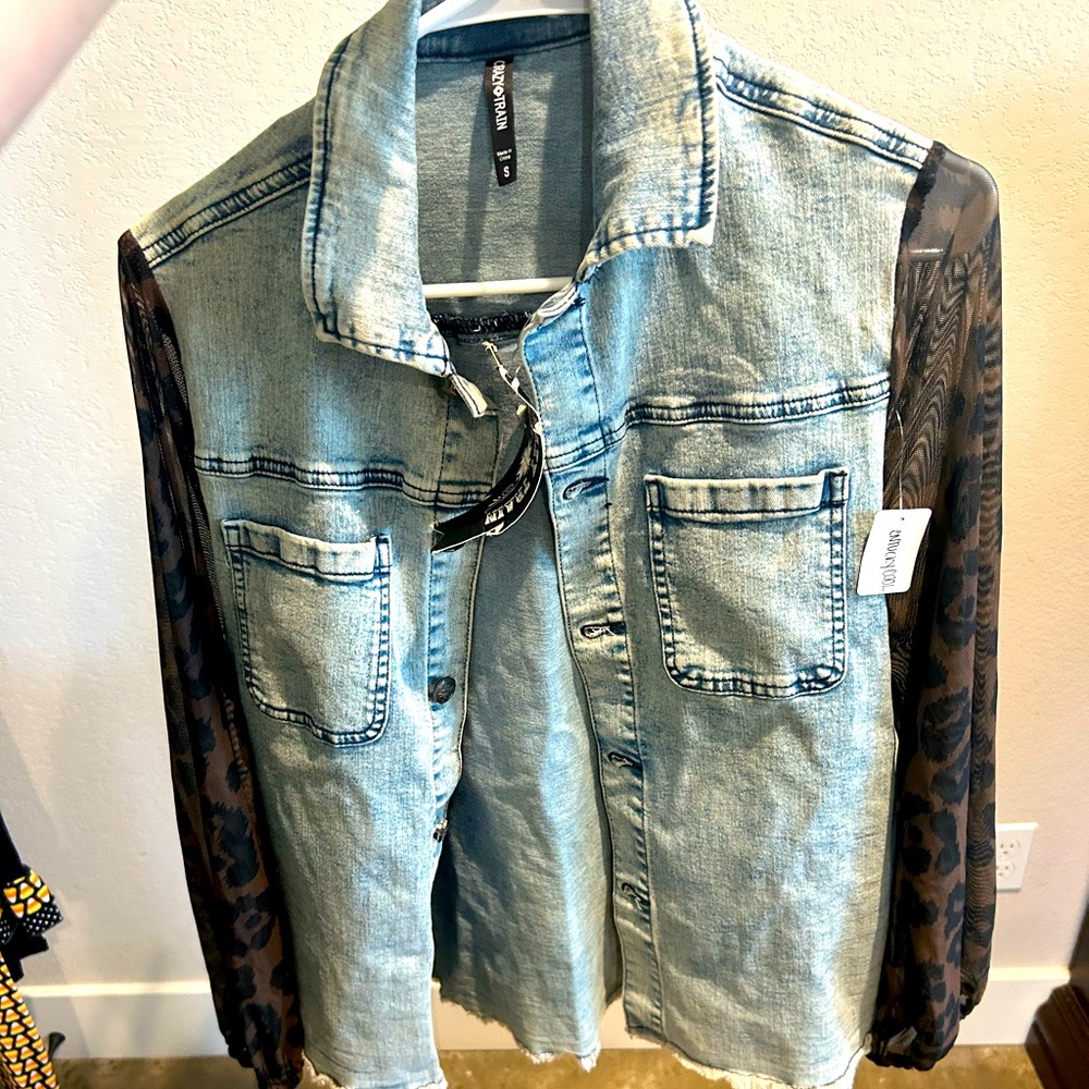 NWT Crazy Train blue jean shirt with sheer leopard sleeves